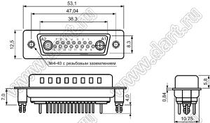 17W2S0CVxy75D00 розетка D-SUB комбинированная с коаксиальными контактами прямая; 15_сигнальн.конт.; 2_увелич.конт.; приклепанная стойка 4-40 UNC с защелкой в плату