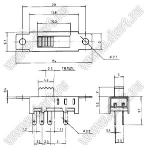 SS-23E04 переключатель движковый прямой 2P3T