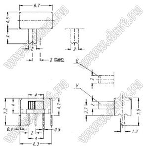 SK-12D02-VG3 переключатель движковый угловой; 1P2T; I=0,3А; U=50В