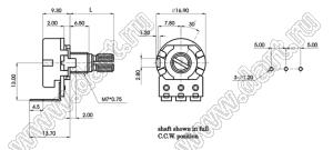 R1610N-2D5-B103 потенциометр роторный (16мм) 10 кОм линейный; монтаж на плату, вал металлический 18 зубов, длина вала 15мм