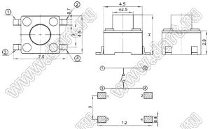 TVCM01-6.0 кнопка тактовая для SMD монтажа; 4,5x4,5x6,0мм; H=6,0мм