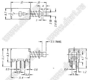 PS-22E05LY-250G переключатель нажимной 2P2T с фиксацией; I=0,3А; U=50В; 0,3A 50V