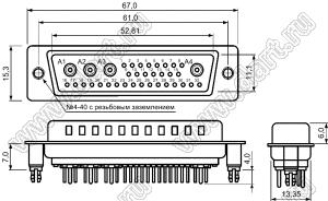 36W4P0CVxy50D00 вилка D-SUB комбинированная с коаксиальными контактами прямая; 32_сигнальн.конт.; 4_увелич.конт.; приклепанная стойка 4-40 UNC с защелкой в плату