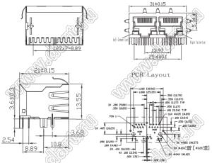 SK02-211076SNL-SOCKETx2 два гнезда RJ-45 на плату с развязкой и фильтрами 8P8C