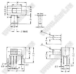 SK-23D29-G9 переключатель движковый угловой 2P3T, длина толкателя 9мм