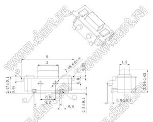 TST3635-250H кнопка тактовая угловая SMD; 3,5x7,0x3,5мм; с направляющими в плату