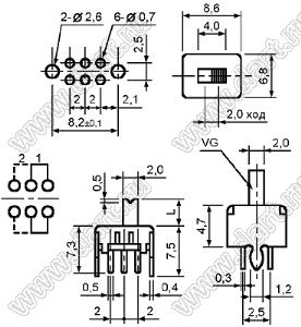 SS-22D03-G4 переключатель движковый прямой 2P2T