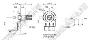 R1610N-2D4-B103 потенциометр роторный (16мм) 10 кОм линейный; монтаж на плату, вал металлический 18 зубов, длина вала 15мм