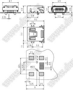 U144-0355-H6161 (1734035-2, 5075BMR-05-SM, USB 05-BF SMD, HW-MU-5F-13, USB/M-1J, MUBRS1-05S, mini USB-10S, TE1734035-1) MINI USB 5PIN розетка мини USB2.0 для SMD монтажа, тип B, 5 конт.,