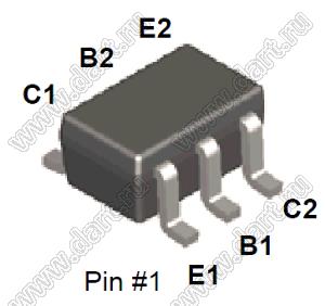 BC857S (SC70) транзистор биполярный гибридный; PNP; Uкэо=45В; Uкбо=50В; Iк=0,2А (макс.); h21=630 (макс.)