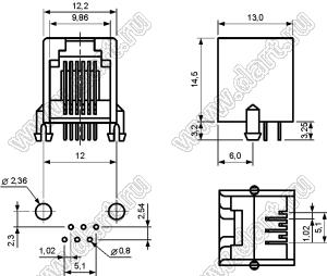 7007-6P4C (TJ1A-6P4C, 623PCB)-SOCKET розетка RJ-45 на плату RJ-45, 6 позиций, 4 контакта