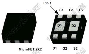 FDMJ1023PZ (MicroFET) транзистор полевой с изолированным затвором; P-канал; Uси=20В; Iи=2,9А; R=112(Ом)