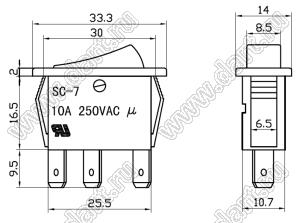 SC791-1-XAW-20G переключатель клавишный, красный/черный; I=10А; U=250В (перем.)