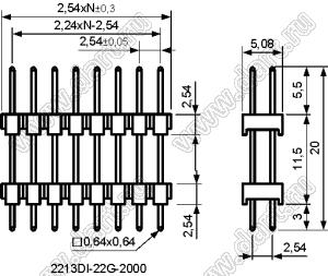 2213DI-22G-2000 (2x11) вилка штыревая открытая прямая с двойным изолятором двухрядная на плату для монтажа в отверстия; шаг 2.54мм; P=2,54x2,54мм; 2x11-конт.; L=20,0мм