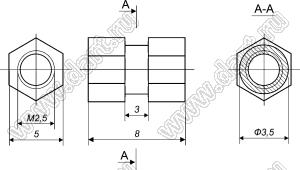 BLHE-025080 (BL-CHS-2.5H) втулка резьбовая закладная шестигранная со сквозным отверстием; M2,5; h=8,0мм; латунь