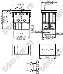 KCD4-JK-201O11CBBNA переключатель клавишный ON-OFF; 32,0х25,0мм; 15A/30A 250VAC; толкатель черный/корпус черный; без подсветки;  маркировка "O I"; терминалы 6,3x0,8мм