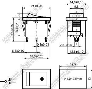 KCD1-B1-102O31BB переключатель клавишный ON-OFF; 21,5х15,0мм; 6A 250VAC/10A 125VAC; толкатель черный/корпус черный; без подсветки;  маркировка - точка; терминалы 4,8x0,8мм