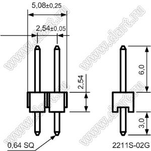 2211S-02G (PLS-02) вилка штыревая открытая прямая однорядная на плату для монтажа в отверстия; шаг 2,54мм; 2-конт.
