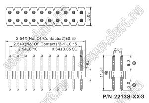 2213S-52G (PLD-52, DS1021-2x26SF11) вилка открытая прямая двухрядная на плату для монтажа в отверстия; P=2,54x2,54мм; 2x26-конт.