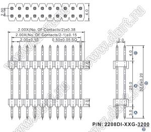 2208DI-54G-3200 (2x27) вилка открытая прямая двухрядная с двойным изолятором на плату для монтажа в отверстия, шаг 2,00 x 2,00 мм, А=3мм, В=25мм, С=4мм, 2х27 конт.