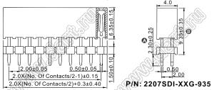 2207SDI-32G-935 розетка прямая двухрядная с двойным изолятором (гнездо) на плату для монтажа в отверстия, шаг 2,00 x 2,00 мм А=3,8мм, В=9,35мм, 2х16 конт.