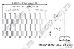 2210SMDI-37G-B1-2575 вилка открытая прямая однорядная приподнятая на плату для поверхностного (SMD) монтажа; шаг 2,00 x 2,00 мм; (1x37) конт.