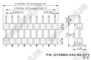 2210SMDI-36G-B2-2575 вилка открытая прямая однорядная приподнятая на плату для поверхностного (SMD) монтажа; шаг 2,00 x 2,00 мм; (1x36) конт.