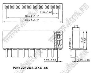 2212DS-25G-85 (1x25) розетка однорядная на плату (гнездо) для монтажа в отверстия, высота изолятора 8,5 мм; шаг 2,54 мм, 25 конт.