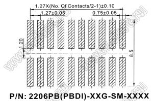 2206PBDI-050G-SM-2888 вилка открытая прямая двухрядная приподнятая на плату для поверхностного (SMD) монтажа; 50-конт.; P=1,27x2,54мм