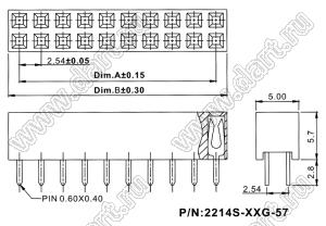 2214S-18G-57 розетка двухрядная прямая (гнездо) на плату для монтажа в отверстия, высота изолятора 5,7 мм, шаг 2,54x2,54 мм, 18 конт.