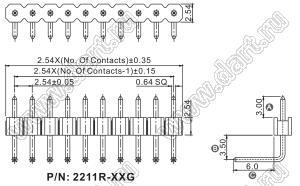 2211R-10G (PLS-10R, JILN-12251110CNG0R138003) вилка открытая угловая однорядная на плату для монтажа в отверстия; шаг 2,54мм; 10-конт.