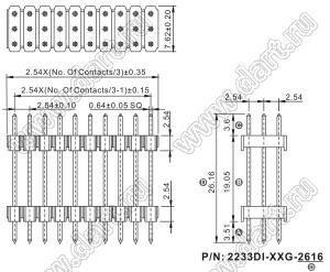 2233DI-033G-2616 (3x11) вилка открытая прямая с двойным изолятором трехрядная на плату для монтажа в отверстия, шаг 2,54 x 2,54 мм, 3х11 конт.