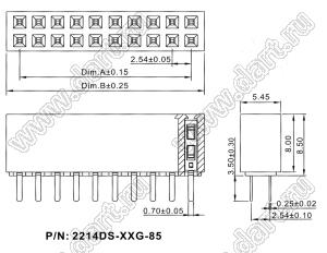 82214DS-16G-85 розетка розетка двухрядная прямая (гнездо) на плату для монтажа в отверстия, высота изолятора 8,5 мм; шаг 2,54 x 2,54 мм, шаг 2,54 мм, 2х8 конт.