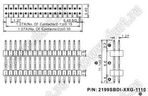 2199SBDI-052G-1110 (PLLHD1.27-52) вилка штыревая открытая прямая с двойным изолятором двухрядная на плату для монтажа в отверстия, шаг 1,27x1,27 мм, 2x26 конт.