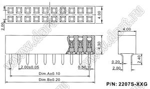 2207S-24G (2x12)(PBD2-24) розетка прямая двухрядная (гнездо) на плату для монтажа в отверстия, шаг 2,00 x 2,00 мм, 2х12 конт.