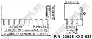 2203S-018G-635 розетка прямая трехрядная (гнездо) на плату для монтажа в отверстия, шаг 2,00 x 2,00 мм, H=6,35мм, 3х6 конт.