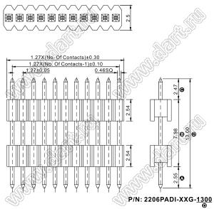 2206PADI-26G-1300 вилка открытая прямая однорядная с двойным изолятором на плату для монтажа в отверстия; 26-конт.; P=1,27x2,54мм