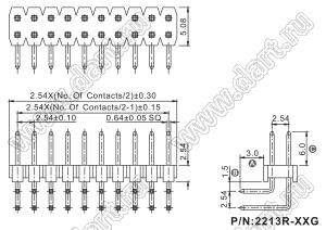 2213R-42G (PLD-42R) вилка открытая угловая двухрядная на плату для монтажа в отверстия; шаг 2.54мм; P=2,54мм; 42-конт.