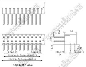 2215R-58G-383970 (2x29) вилка открытая угловая с увеличенным изолятором двухрядная на плату для монтажа в отверстия, шаг 2,54 x 2,54 мм, 2х29 конт.