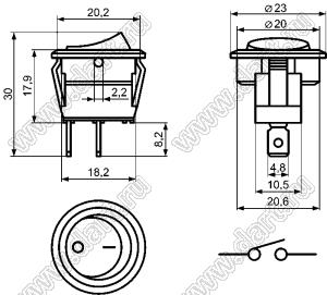 KCD1-106A-101O11BBA (XW-602BB1 BBA1, RC15BBBT-G) переключатель клавишный ON-OFF; D=23,0мм; 6A 250VAC/10A 125VAC; толкатель черный/корпус черный; без подсветки;  маркировка "O I"; терминалы 4,8