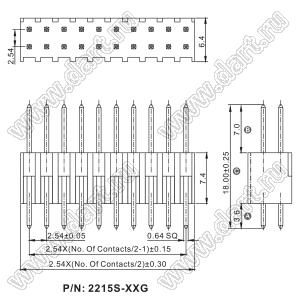 2215S-60G-1800 (2x30) вилка открытая прямая с увеличенным изолятором двухрядная на плату для монтажа в отверстия, шаг 2,54 x 2,54 мм, 2х30 конт.