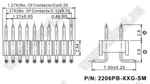 2206PB-50G-SM вилка открытая прямая двухрядная на плату для поверхностного (SMD) монтажа, шаг 1,27x2,54мм, 2x25конт.