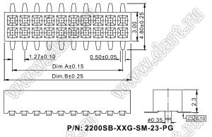 2200SB-066G-SM-23-PG (24200233CWG1MUT01) розетка прямая двухрядная (гнездо) для поверхностного (SMD) монтажа с направляющими на плату; P=1,27x1,27мм; 66-конт.