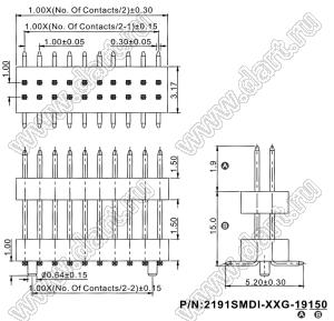 2191SMDI-020G-19150 вилка открытая прямая приподнятая двухрядная на плату для поверхностного (SMD) монтажа; шаг 1,00 x 1,00 мм; (2x10) конт.