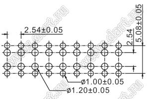 2214TB-54G-05 розетка двухрядная прямая (гнездо) на плату для монтажа в отверстия, высота изолятора 5,0 мм; шаг 2,54 x 2,54 мм; C=5,08 мм; 2х27 конт.