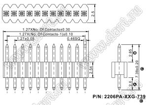 2206PA-46G-739 вилка открытая прямая однорядная на плату для монтажа в отверстия; шаг 1,27 x 2,54 мм; (1x46) конт.