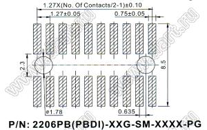 2206PB-74G-SM-PG вилка открытая прямая двухрядная с направляющими на плату для поверхностного (SMD) монтажа, шаг 1,27x2,54мм, 2x37конт.