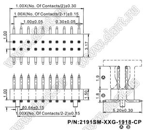 2191SM-050G-1918-CP вилка открытая прямая двухрядная на плату для поверхностного (SMD) монтажа с захватом; шаг 1,00 x 1,00 мм; (2x25) конт.