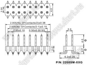 2208SM-50G (PLD2-2x25SMD) вилка SMD прямая двухрядная, шаг 2,0 мм, 2х25конт.; P=2.00x2.00; 50-конт.