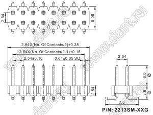 2213SM-76G-6036 вилка открытая прямая двухрядная на плату для поверхностного (SMD) монтажа; шаг 2.54мм; P=2,54x2,54мм; 76-конт.; P=2,54мм